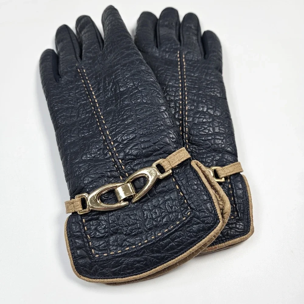 Aris Snuggler Blue Driving Gloves Womens Vtg Vinyl Backed Sherpa Lined Vintage